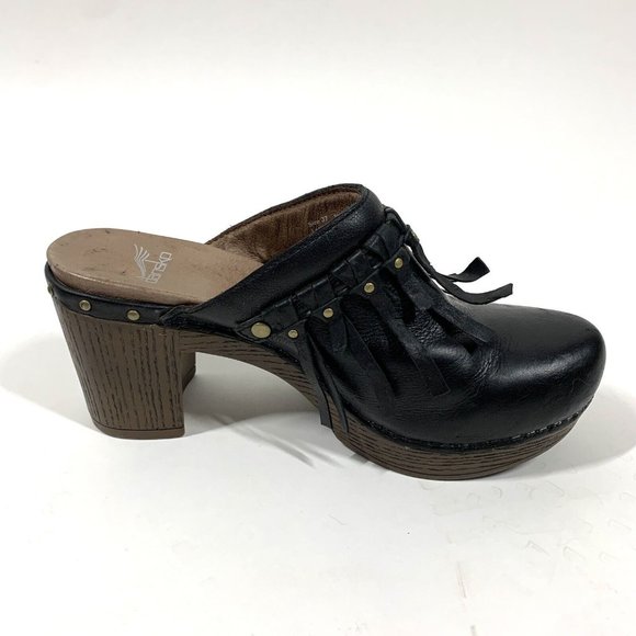 Dansko Deni Black Leather Fringe Heel Clog Mules Sz EU 37 US 6.5-7 - Picture 7 of 10